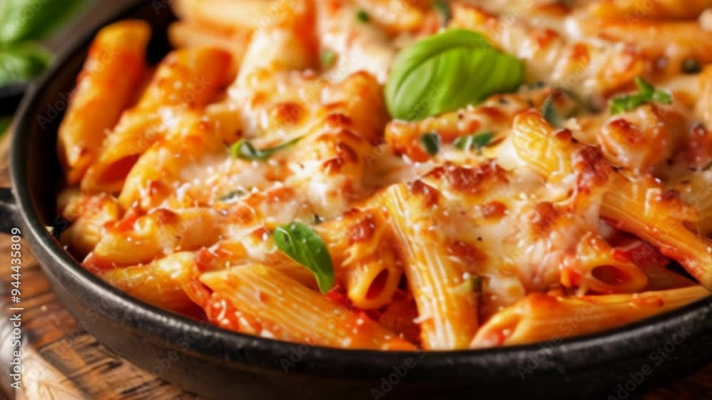 Savory baked penne pasta layered generously with melted cheese and garnished with fresh, vibrant basil Savory baked penne pasta layered generously with melted cheese and garnished with fresh, vibrant basil