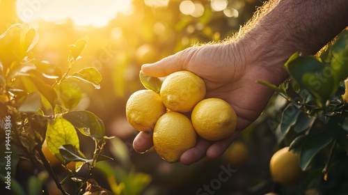Hand of farmer picking fresh lemons on the lemon tree at sunset