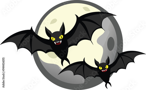 Two black bats flying in front of a full moon in a spooky Halloween cartoon scene with a cloudy backdrop.