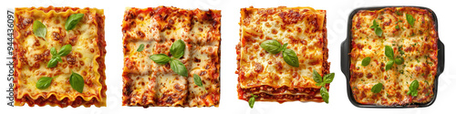 Top view of luscious Italian lasagna isolated on transparent background,