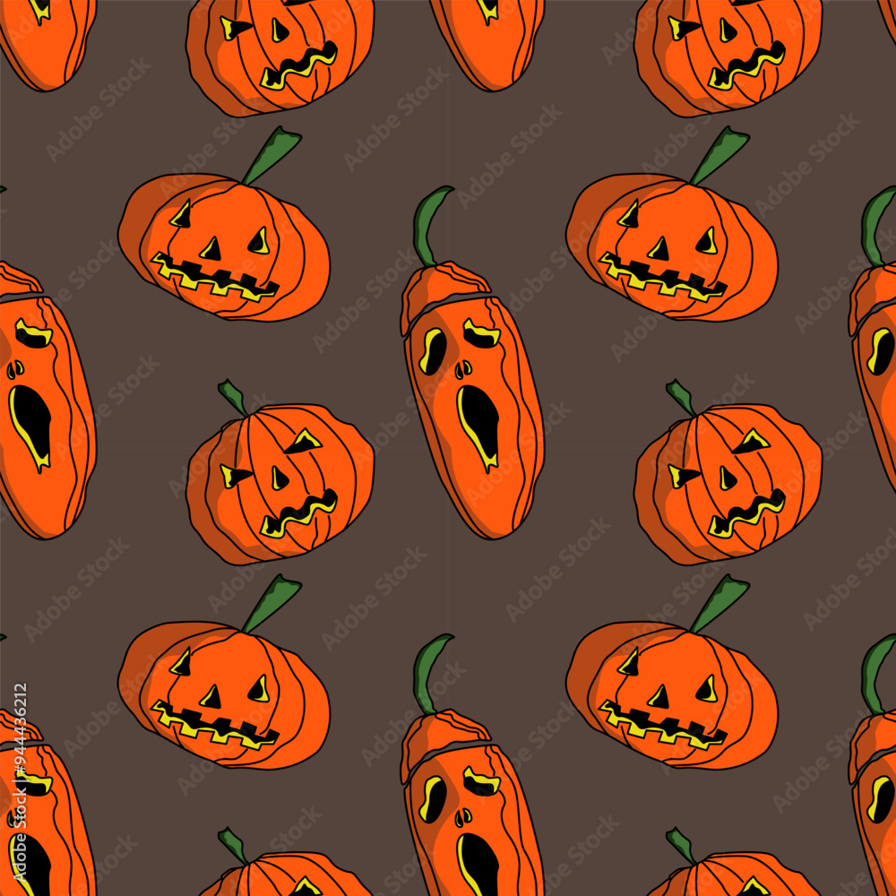 Seamless abstract pattern with pumpkins, scary faces. Orange, green, black, brown. Vector. Halloween. Design for textile fabrics, wrapping paper, background, wallpaper, cover. Seamless abstract pattern with pumpkins, scary faces. Orange, green, black, brown. Vector. Halloween. Design for textile fabrics, wrapping paper, background, wallpaper, cover.