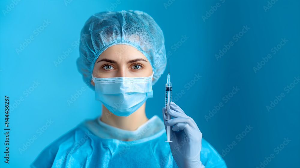 Portrait of female doctor hold syringe with blue background with copy space. Medical professional concept for healthcare and vaccination. Medical concept for hospital safety, patient care and surgery. Portrait of female doctor hold syringe with blue background with copy space. Medical professional concept for healthcare and vaccination. Medical concept for hospital safety, patient care and surgery.