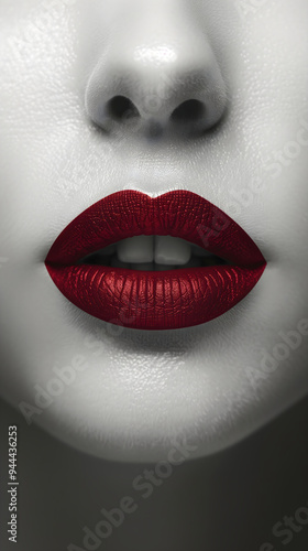 Closeup of red lips with glossy lipstick. Beauty and cosmetics concept for makeup and lip enhancement. Detailed view with natural skin texture. Glossy lip makeup.