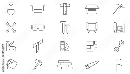Tools line icon collection. Repair, screwdriver, wrench, Hammer, building tools, instrument, setup, and setting icon set. UI outline icon pack