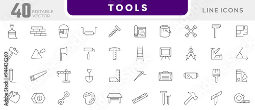 Tools line icon collection. Repair, screwdriver, wrench, Hammer, building tools, instrument, setup, and setting icon set. UI outline icon pack