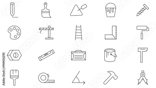 Tools line icon collection. Repair, screwdriver, wrench, Hammer, building tools, instrument, setup, and setting icon set. UI outline icon pack
