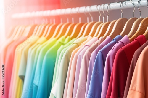 Wallpaper Mural Multi-colored swimsuits on clothing rack, pastel colorful closet in shopping store or bedroom. Rainbow color clothes choice on hangers, home wardrobe concept. Torontodigital.ca