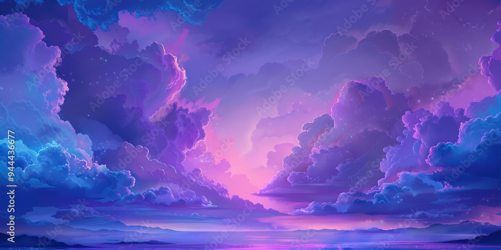 Ethereal purple and blue pastel hues of a cloud-painted sky in a whimsical nursery. Ethereal purple and blue pastel hues of a cloud-painted sky in a whimsical nursery.
