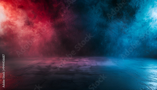 Empty space of Studio dark room with fog or mist and lighting effect red and blue on concrete floor grunge texture background