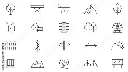 Park line icon collection. city, park, playground, storage, Travel, walk, bench, tree, forest, picnic, kids, and garden icon set. UI outline icon pack