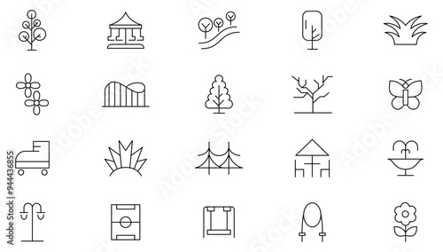 Park line icon collection. city, park, playground, storage, Travel, walk, bench, tree, forest, picnic, kids, and garden icon set. UI outline icon pack