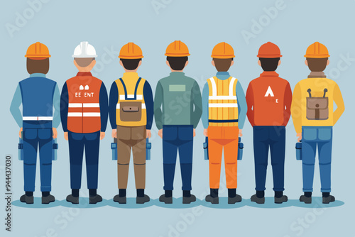 Sixteen construction workers are depicted from the rear view, highlighting their diverse professional work attire and gear, emphasizing the back details of their uniforms and safety equipment.
