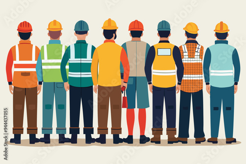 Sixteen construction workers are depicted from the rear view, highlighting their diverse professional work attire and gear, emphasizing the back details of their uniforms and safety equipment.
