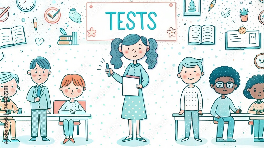 Children Taking Tests in Classroom with Teacher Monitoring Children Taking Tests in Classroom with Teacher Monitoring