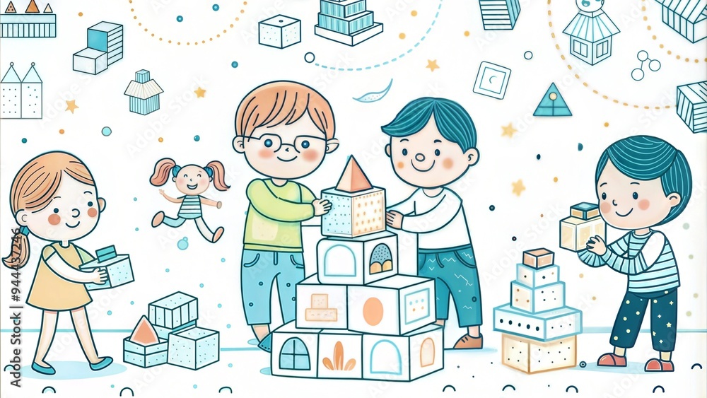 Children Building with Blocks in a Classroom Setting Children Building with Blocks in a Classroom Setting
