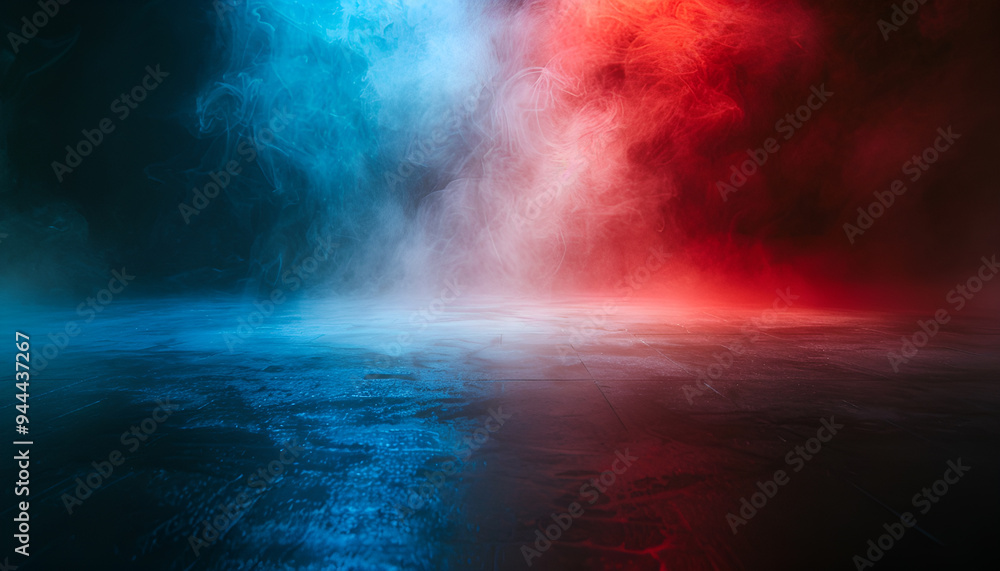 Empty space of Studio dark room with fog or mist and lighting effect red and blue on concrete floor grunge texture background Empty space of Studio dark room with fog or mist and lighting effect red and blue on concrete floor grunge texture background