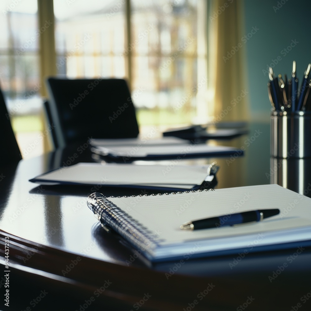 Professional Setup: Neatly Arranged Conference Table with Notebooks and Pens in High Clarity Realistic Image Professional Setup: Neatly Arranged Conference Table with Notebooks and Pens in High Clarity Realistic Image