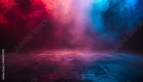 Empty space of Studio dark room with fog or mist and lighting effect red and blue on concrete floor grunge texture background