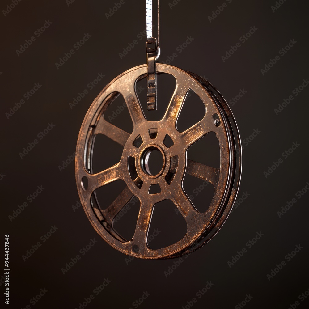 Fototapeta premium Classic Film Reel with Hanging Film Strip - Photorealistic Vintage Cinematic Details