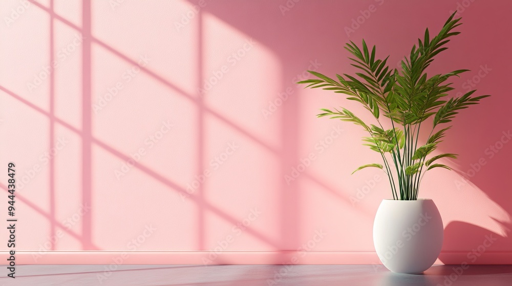 a pink room with a plant in a white vase