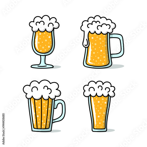 Vector cartoon beer glasses with foam and sparkles. Set of Octoberfest drinks isolated on white