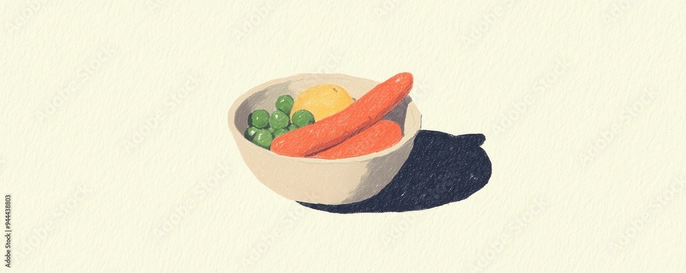 Naklejka premium A colorful bowl features fresh carrots, peas, and a lemon, symbolizing healthy eating and nutritious lifestyle choices.