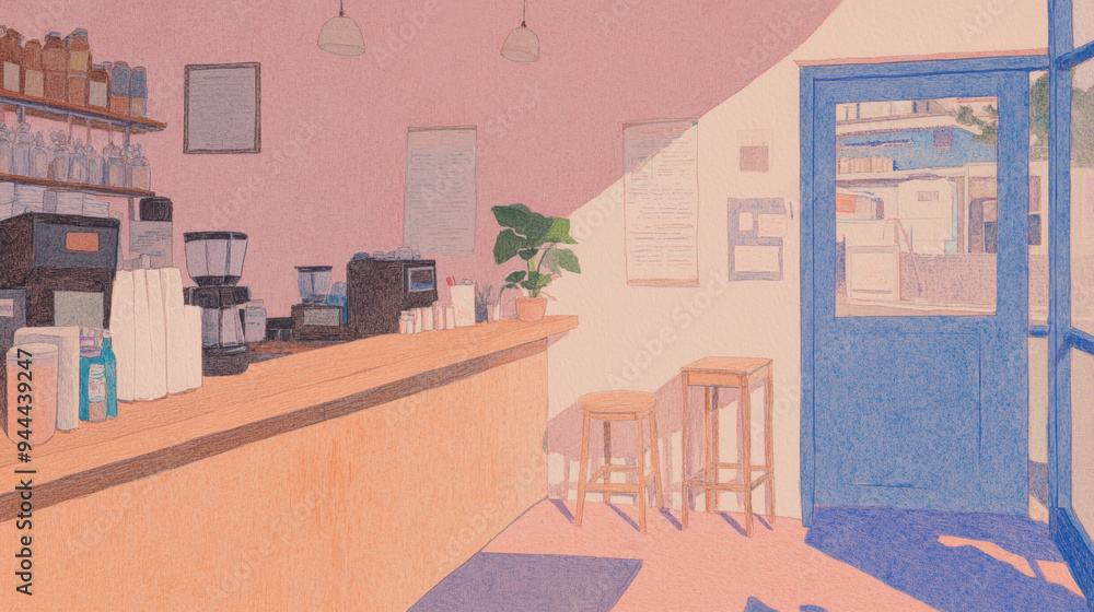 A cozy coffee shop interior with a wooden counter, vibrant colors, and inviting atmosphere, perfect for relaxation or work. A cozy coffee shop interior with a wooden counter, vibrant colors, and inviting atmosphere, perfect for relaxation or work.