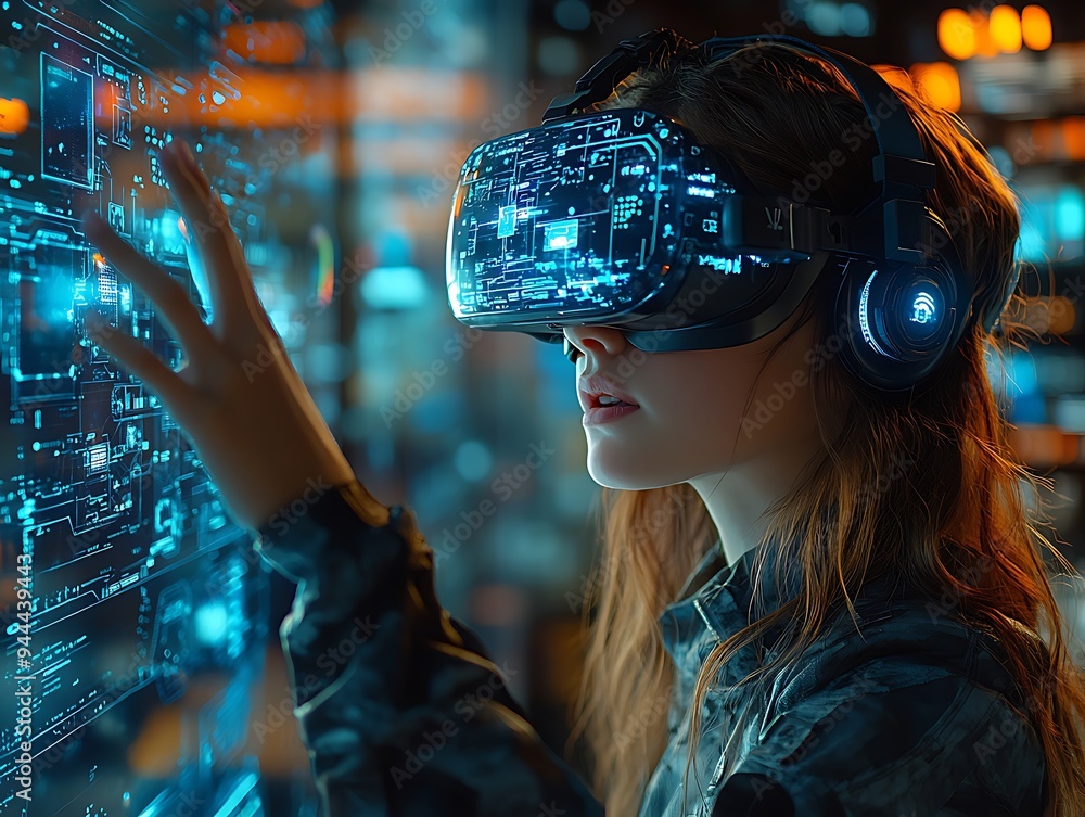 School student with VR headset using AI artificial intelligence technology & machine learning. Interactive technology in classroom. Innovation & smart tech. AI blue hologram in education School student with VR headset using AI artificial intelligence technology & machine learning. Interactive technology in classroom. Innovation & smart tech. AI blue hologram in education