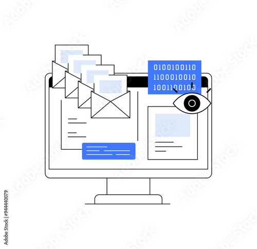 A digital security concept with emails, binary code, and an eye, representing surveillance, data protection, privacy, and network security. Useful for tech, cybersecurity, and privacy awareness. photo