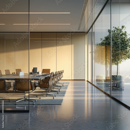 Modern Corporate Meeting Room with Glass Wall and Office View  High Resolution Detail