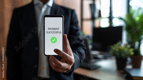 Close-up of hands holding a mobile phone with the digital sign successful payment 