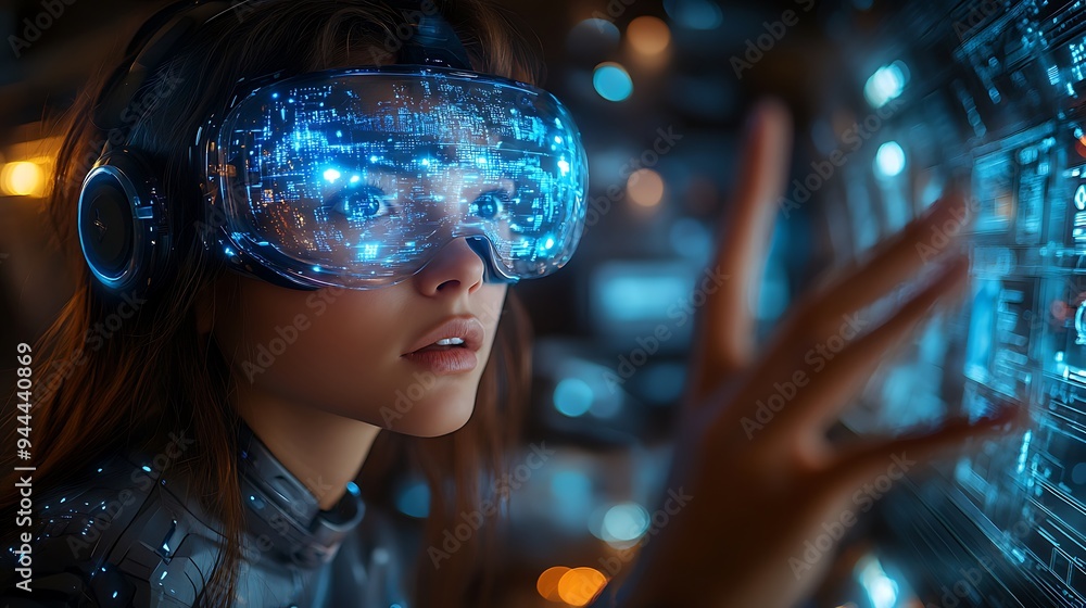 School student with VR headset using AI artificial intelligence technology & machine learning. Interactive technology in classroom. Innovation & smart tech. AI blue hologram in education School student with VR headset using AI artificial intelligence technology & machine learning. Interactive technology in classroom. Innovation & smart tech. AI blue hologram in education