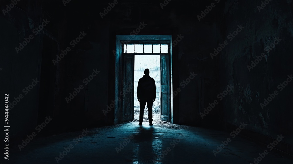 a person standing in front of a doorway in a dark room a person standing in front of a doorway in a dark room