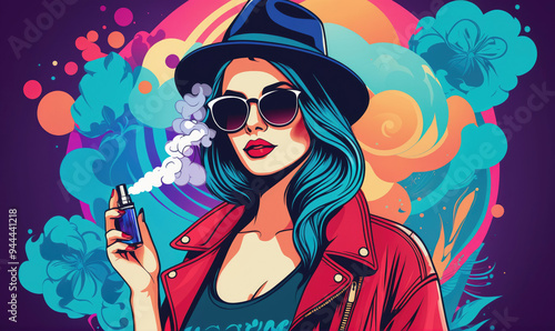 A woman in sunglasses and a hat exhales vapor from an electronic cigarette in front of a colorful background