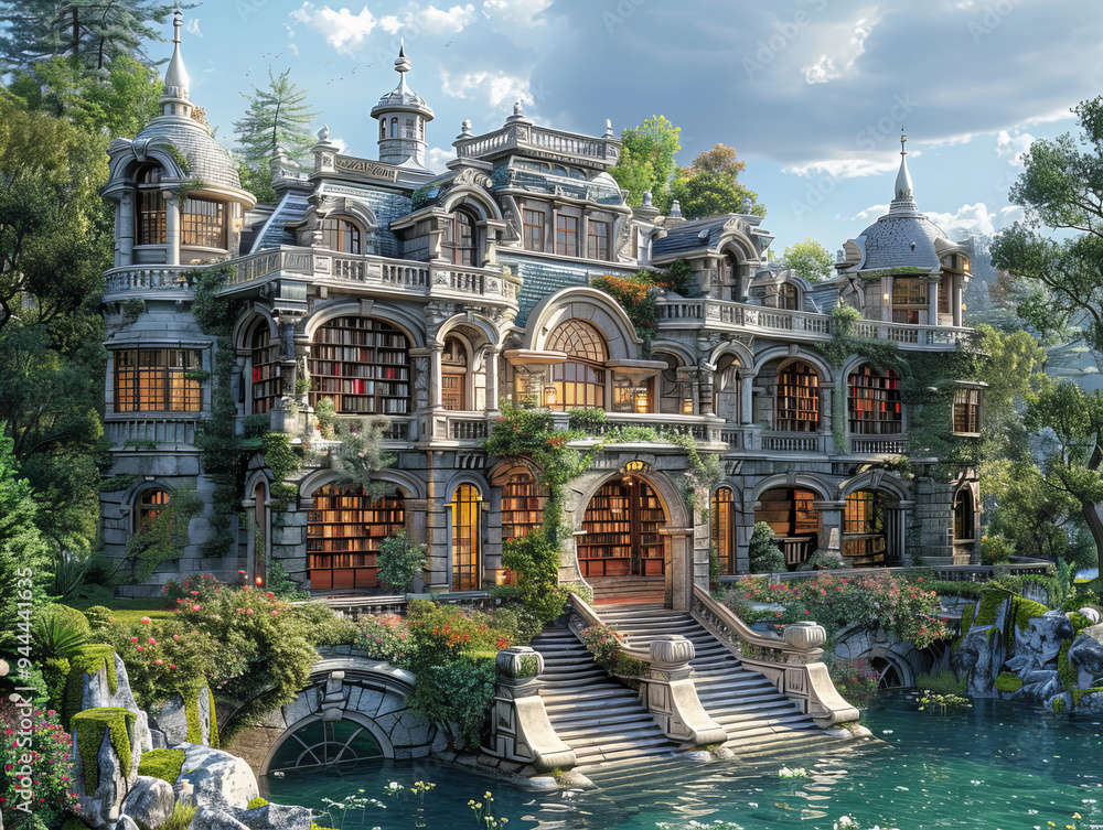 Grand opulent manor house featuring intricate architectural designs ...