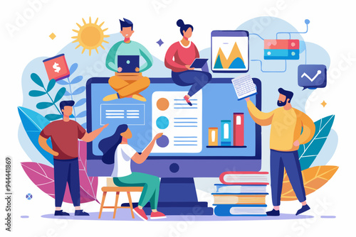 An illustration showing a creative team working on a large computer screen, surrounded by books and documents, symbolizing collaboration, creativity, and digital projects.
