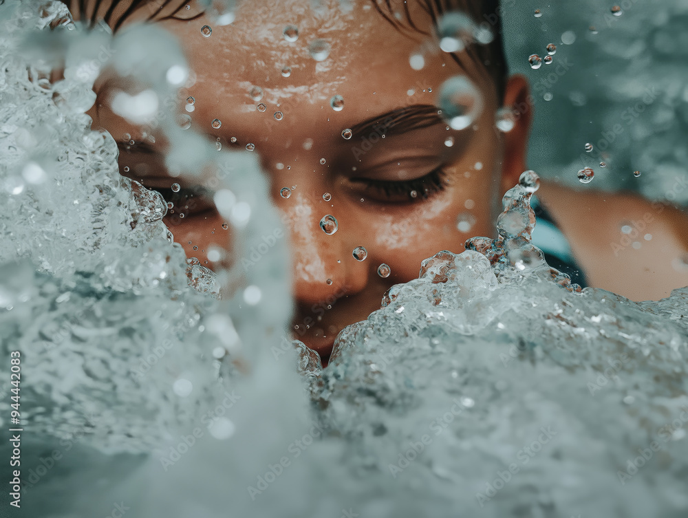 Fototapeta premium Dynamic Underwater Close-Up of a Young Swimmer Breaking Through the Water Surface