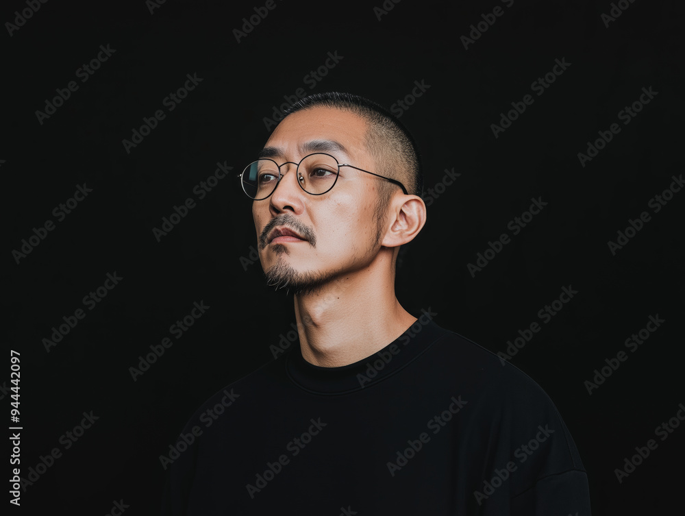 Pensive Man with Glasses in Minimalist Dark Portrait, Expressing Deep Thought Pensive Man with Glasses in Minimalist Dark Portrait, Expressing Deep Thought