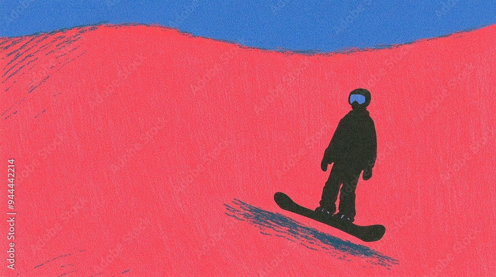Naklejka premium A silhouette of a snowboarder gliding confidently down a vibrant hill, showcasing dynamic movement against a colorful background.