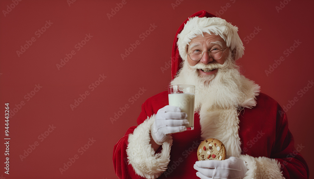 Close up of happy Santa Claus with glass of milk and cookie Close up of happy Santa Claus with glass of milk and cookie