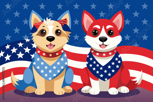 Two adorable dogs dressed in American flag-themed outfits sit against a patriotic backdrop of red, white, and blue stars, embodying a festive and playful spirit.
