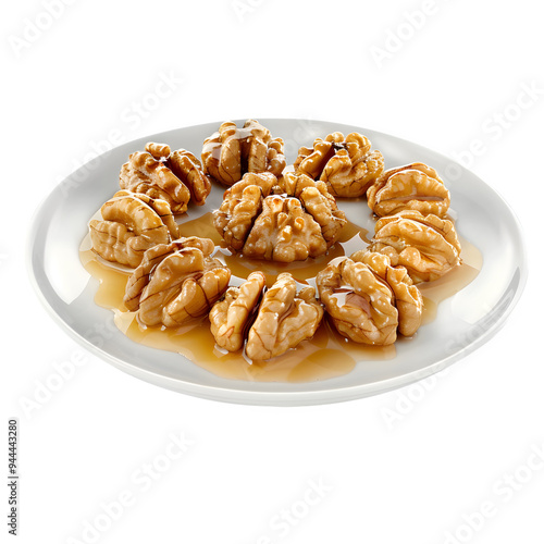 Traditional georgian walnut dish drenched in honey, arranged on a white plate, and isolated on a transparent background for easy integration into various designs