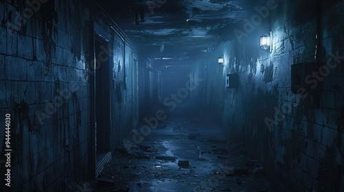 Spooky and Eerie Dark Hallway with Wet Floors, Dripping Walls, and a Grungy, Abandoned Atmosphere