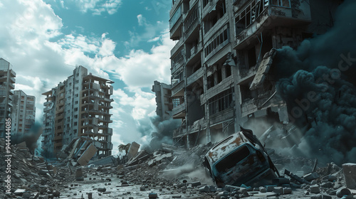 A desolate urban scene showing collapsed buildings, debris, and a damaged vehicle, evoking post-apocalyptic themes photo