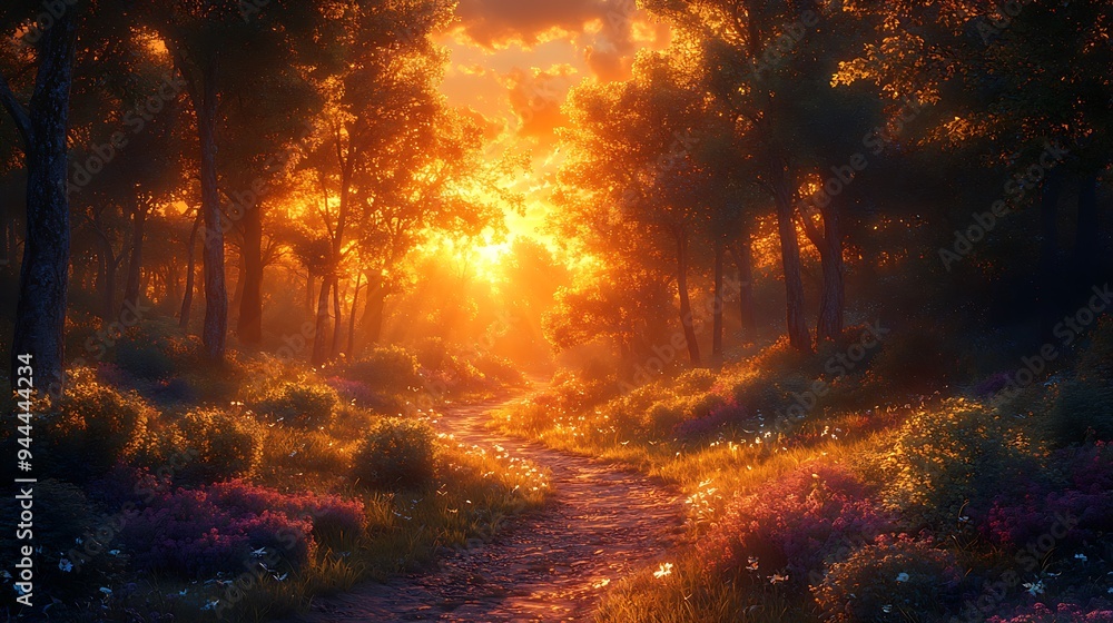 A path through a forest bathed in the golden light of the setting sun. A path through a forest bathed in the golden light of the setting sun.