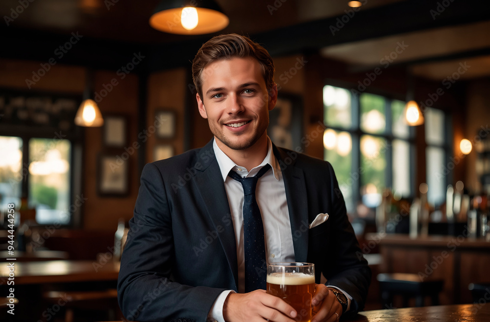 Young businessman in a business suit drinking beer in a pub after a working day Young businessman in a business suit drinking beer in a pub after a working day