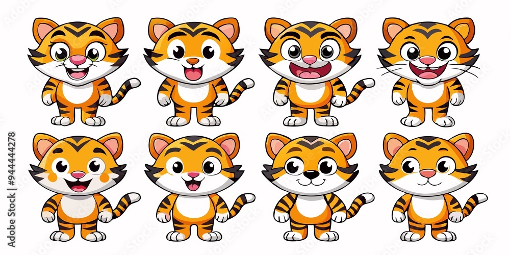 set of cartoon characters tiger cub, transparent white background