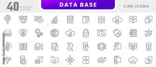 Database line icon collection. Data, management, documents, internet, business, web, host, hotspot, data storage, mobile, data, network, and sync icon set. UI outline icon pack