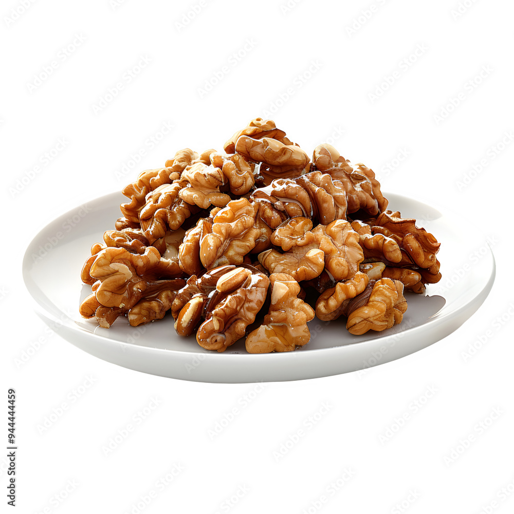 Close-up of traditional georgian walnuts served on a white plate, isolated on a transparent background for easy integration into various designs Close-up of traditional georgian walnuts served on a white plate, isolated on a transparent background for easy integration into various designs