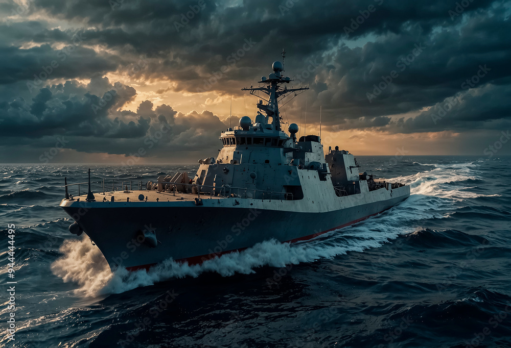 Naklejka premium Warship in the ocean